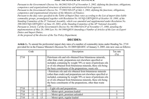 Decision No. 11/2005/QD-BTC, amending the import duty rates of a number of commodity items under heading no. 2710 in the Preferential Import Tariffm promulgated by the Ministry of Finance.