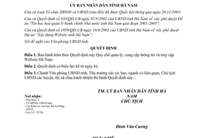 Quyết định 212/2005/QĐ-UB quản lý cung cấp thông tin truy cập Website Hà Nam