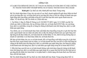 Công văn 2503/TC/TCT chứng từ thanh toán hợp đồng xuất khẩu thanh toán trả chậm