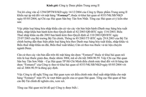 Công văn 826TCHQ/GSQL áp mã số mặt hàng thuốc tân dược “Fentanyl”