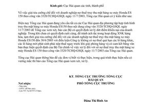 Công văn 847/TCHQ-KTTT giải tỏa cưỡng chế doanh nghiệp nợ thuế truy thu mặt hàng xe máy Honda ES 150