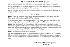 Quyết định 15/2005/QĐ-UB thành lập Trung tâm Nghiên cứu Phát triển chăn nuôi bò Tuyên Quang
