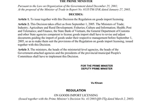 Decision No. 41/2005/QD-TTg of March 02, 2005 promulgating the regulation on goods import licensing
