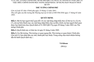 Quyết định 46/2005/QĐ-TTg điều chỉnh Danh mục hàng nhập khẩu áp dụng hạn ngạch thuế quan