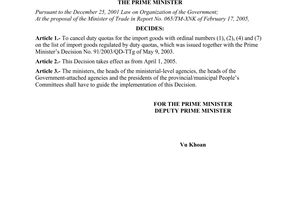 Decision No. 46/2005/QD-TTg, adjusting the list of import goods subject to duty quotas, promulgated by the Prime Minister of Government.