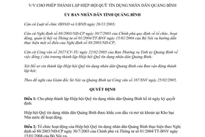 Quyết định 11/2005/QĐ-UB cho phép thành lập Hiệp hội Quỹ tín dụng nhân dân Quảng Bình