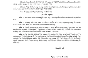 Quyết định 06/2005/QĐ-BYT hướng dẫn chẩn đoán điều trị nhiễm HIV