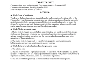 Decree of Government No. 27/2005/ND-CP of March 8, 2005, regulating and guiding the implementation of certain articles in the Fisheries Law
