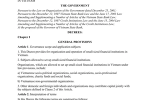 Decree No. 28/2005/ND-CP of March 9, 2005, on organization and operation of small-sized financial institutions in Vietnam.