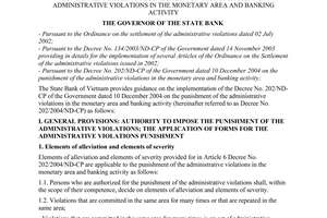 Circular No. 01/2005/TT-NHNN of March 10, 2005, guiding the implementation of the Decree no. 202/2004/ND-CP of the Government dated 10 December 2004 on the punishment of administrative violations in the monetary area and banking activity