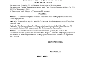 Decision No. 50/2005/QD-TTg of the Prime Minister of Government, establishing and promulgating the operation Regulation of Dung Quat Economic Zone, Quang Ngai province.