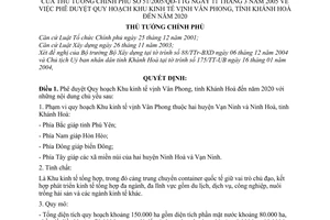 Quyết định 51/2005/QĐ-TTg  quy hoạch Khu kinh tế vịnh Vân Phong, tỉnh Khánh Hoà đến năm 2020