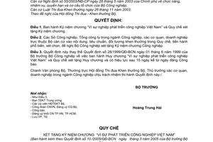 Quyết định 10/2005/QĐ-BCN Kỷ niệm chương Vì sự nghiệp phát triển công nghiệp Việt Nam Quy chế xét tặng