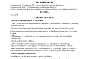 Decree No. 33/2005/ND-CP of March, 15, 2005, detailing the implementation of a number of articles of the Ordinance on veterinary medicine