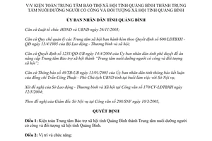 Quyết định 14/2005/QĐ-UB Trung tâm nuôi dưỡng người có công đối tượng xã hội Quảng Bình