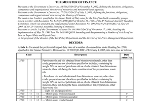 Decision No. 14/2005/QD-BTC, amending the import duty rates of a number of commodities under heading no. 2710 of the preferential import table of rates, promulgated by the Ministry of Finance.