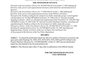 Decision No. 15/2005/QD-BTC, adjusting the preferential import tax rates of a number of electronic accessories and spare parts, promulgated by the Ministry of Finance.