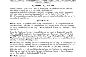 Quyết định 12/2005/QĐ-BTS chuyển Chi cục quản lý Chất lượng An toàn vệ sinh Thú y thuỷ sản vùng 3 thành Trung tâm
