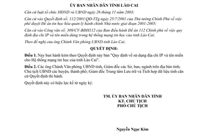 Quyết định 112/2005/QĐ-UB địa chỉ IP tên miền cho Hệ thống mạng tin học Lào Cai