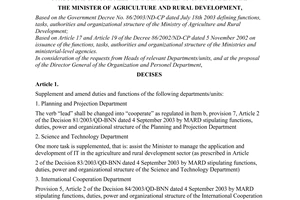 Decision No. 17/2005/QD-BNN of March 22, 2005, on supplements and amendments of mandates and organizational structure of some relevant departments/units under Mard