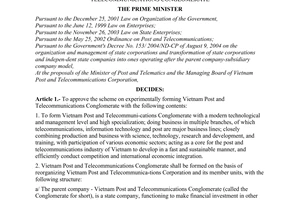 Decision No. 58/2005/QD-TTg of March 23, 2005, approving the scheme on experimentally forming Vietnam Post and Telecommunications Conglomerate