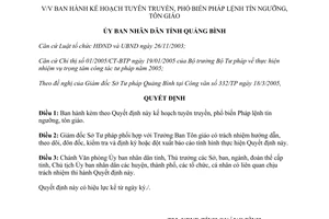 Quyết định 16/2005/QĐ-UB kế hoạch tuyên truyền phổ biến Pháp lệnh tín ngưỡng tôn giáo Quảng Bình