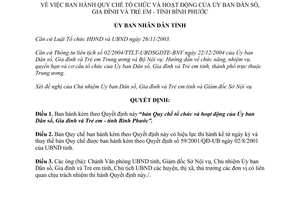 Quyết định 37/2005/QĐ-UB Quy chế tổ chức hoạt động Ủy ban Dân số Gia đình Trẻ em Bình Phước