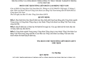 Quyết định 433/2005/QĐ-TLĐ phối hợp hoạt động giữa Công đoàn ngành Trung ương và Công đoàn Tổng công ty thuộc TLĐLĐV trong cùng một bộ