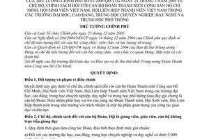 Quyết định 61/2005/QĐ-TTg chính sách cán bộ Đoàn TNCSHCM Hội Sinh viên Việt Nam Liên hiệp Thanh niên trường đại học cao đẳng THCN dạy nghề THPT