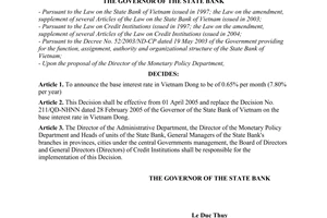 Decision No. 315/2005/QD-NHNN of March 25, 2005, on the base interest rate in Vietnam dong