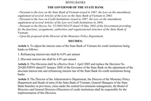 Decision No. 316/2005/QD-NHNN of March 25, 2005, on the adjustment of the discount interest rate and refinancing interest rate of the State Bank of Vietnam for credit institutions being banks