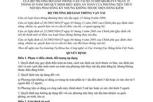 Quyêt định 19/2005/QĐ-BGTVT điều kiện an toàn phương tiện thuỷ nội địa phải đăng ký không thuộc diện đăng kiểm