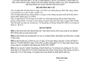 Quyết định 12/2005/QĐ-BYT chuyên môn xét nghiệm HIV đảm báo an toàn  truyền máu