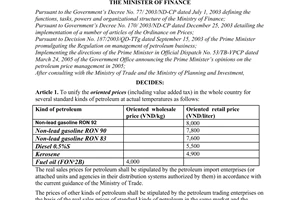 Decision No. 17/2005/QD-BTC of March 29, 2005 on oriented sales prices for petroleum in 2005