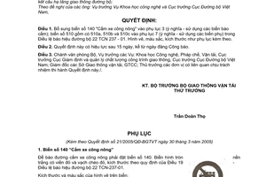 Quyết định 21/2005/QĐ-BGTVT bổ sung biển báo hiệu vào điều lệ báo hiệu đường bộ 22 TCN 237 - 01