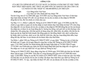 Công văn 4973/TC/CST thời hạn thực hiện khấu trừ thuế 10% khoản chi trả cho các cá nhân có thu nhập từ 500.000 đồng/ lần trở lên