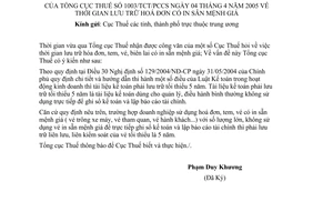 Công văn 1003/TCT/PCCS thời gian lưu trữ hoá đơn có in sẵn mệnh giá