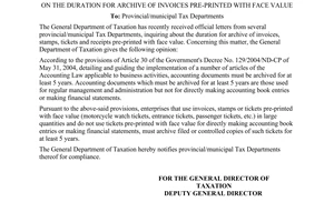 Official Dispatch 1003 TCT/PCCS on the duration for archive of invoices pre-prin