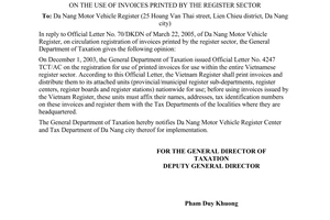 Official Dispatch No. 1189TCT/PCCS on the use of invoices printed by the registe
