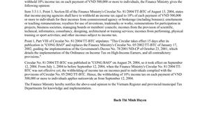 Official Dispatch No. 4973/TC/CST of April 26, 2005, on the time for withholding 10% income tax on each payment of VND 500,000 or more to individuals