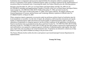 Official Dispatch No. 5193/TC/TCHQ of April 28, 2005, on the implementation of tax policies based on localization rates for products and accessories of the mechanical-electric-electronic sector