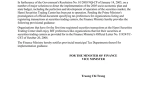 Official Dispatch No. 5248/TC-CST of April 29, 2005, on business income tax (BIT) preferences for organizations registering transactions at Hanoi securities trading center