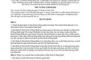 Quyết định 72/2005/QĐ-TTg thành lập chức năng, nhiệm vụ, quyền hạn, cơ cấu tổ chức Ban Quản lý Khu kinh tế Dung Quất