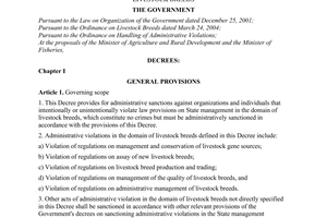Decree of Government No.47/2005/ND-CP, on sanctioning of administrative violations in the domain of livestock breeds