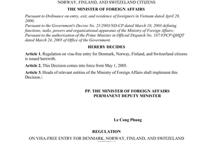 Decision 808/2005/QD-BNG promulgation regulation visa free entry Denmark Norway Finland citizens