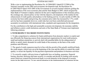 Directive No. 02/2005/CT-NHNN of April 20, 2005, on the enhancement of credit quality, credit expansion in line with the capacity of funds mobilization and risk control, assurance of system security