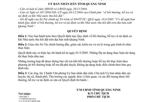 Quyết định 1122/2005/QĐ-UB bồi thường, hỗ trợ tái định cư khi Nhà nước thu hồi đất trên địa bàn tỉnh Quảng Ninh