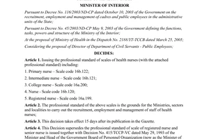 Decision No. 41/2005/QD-BNV on issuing professional standard of scales of health nurses