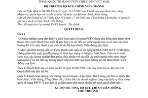 Quyết định 10/2005/QĐ-BBCVT Điều chỉnh sàn cước thanh toán quốc tế dịch vụ điện thoại quốc tế mạng PSTN chiều đến Việt Nam