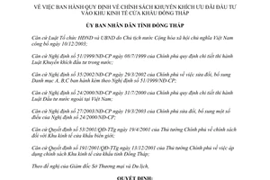 Quyết định 52/2005/QĐ-UB chính sách khuyến khích ưu đãi đầu tư khu kinh tế cửa khẩu Đồng Tháp